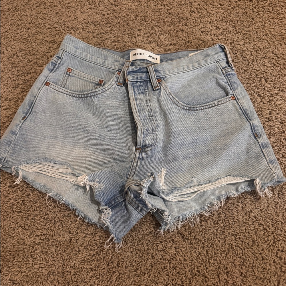 Denim Forum Light Blue Frayed High-Rise Jean Shorts